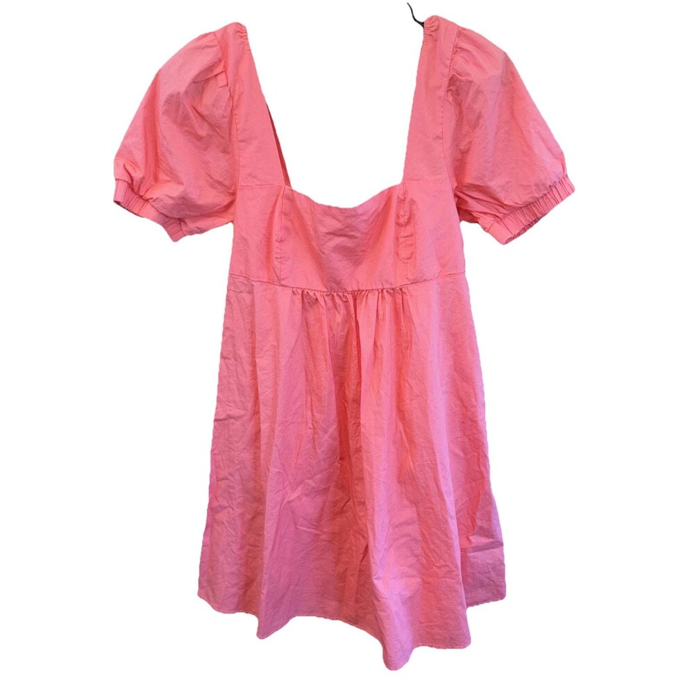 WILD FABLE Coral Dress Orange Square Neck Puff Sleeve Babydoll Mini S Smocked - Picture 2 of 9